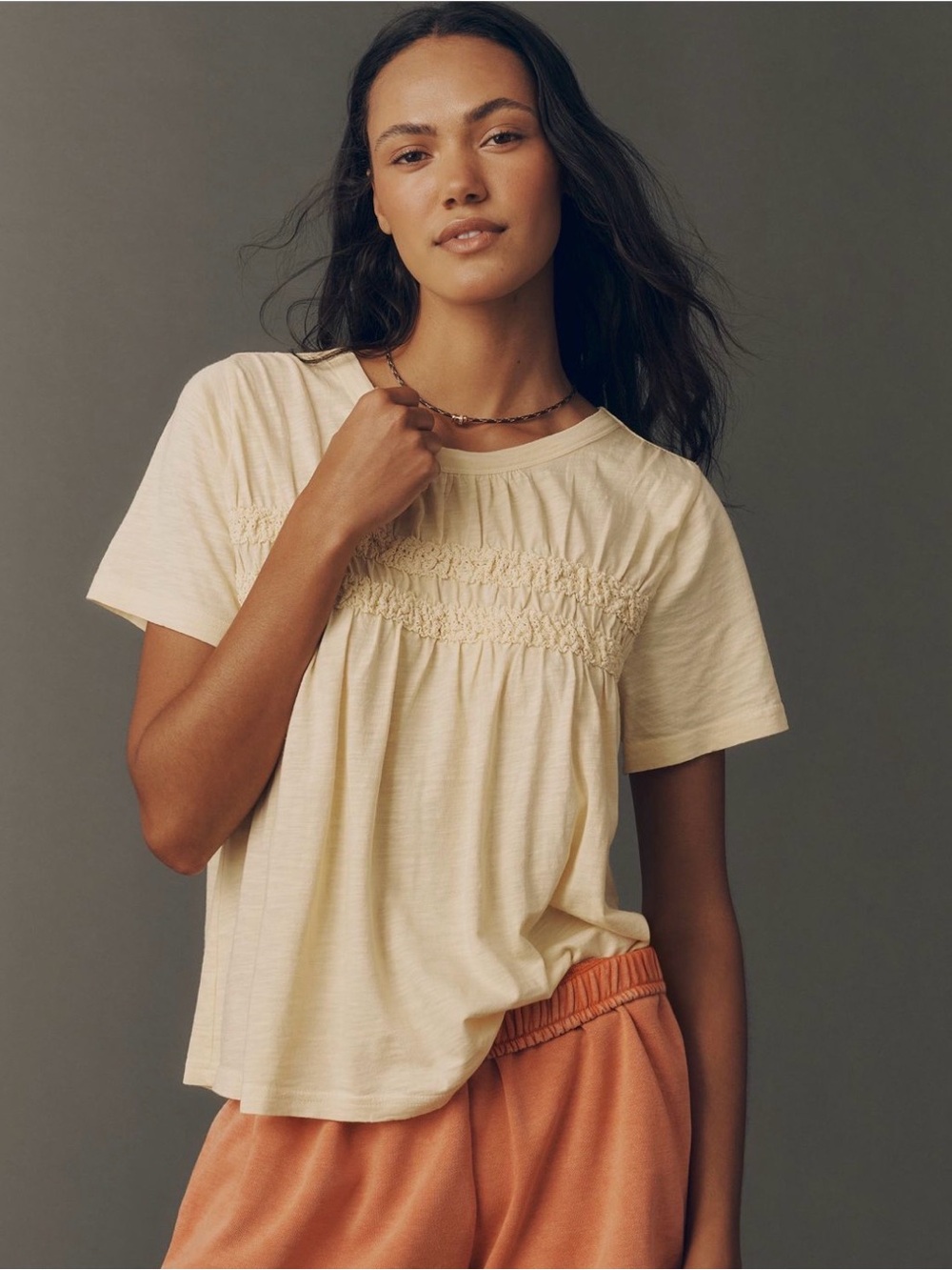 NWT Pilcro Anthropologie Pastel Yellow Smocked Short Sleeve Tee XS